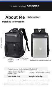 Detailed size chart for black water-resistant business backpack with dimensions and weight