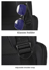 Detail view of adjustable backpack straps with dedicated sunglasses hanging loop