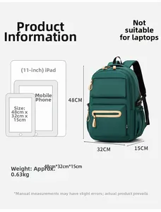 Detail view of the green nylon backpack showing size dimensions 48x32x15cm and 0.63kg weight