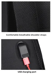 Detail of breathable mesh shoulder straps and external USB charging port on black backpack