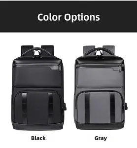 Detail view of business backpacks in black and grey with USB port and waterproof fabric