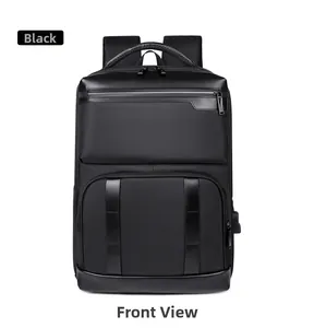 Front view of black business travel backpack with USB port and leather splice detail