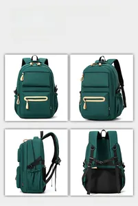 Multiple views of a dark green nylon backpack showing front, side and ergonomic back design