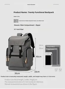 Technical drawing showing 48x30x18cm dimensions and 0.61kg weight of the grey tech backpack