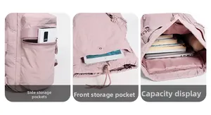 Detail view of pink outdoor backpack showing side pockets and large storage capacity