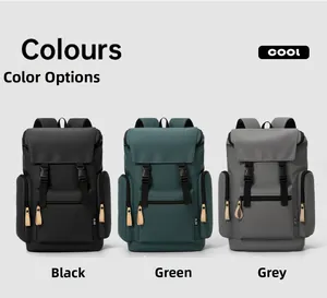 Three waterproof casual backpacks in black, green, and grey with buckle flap design