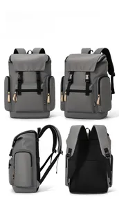 Detailed four-way view showing the back padding and side pockets of this grey backpack