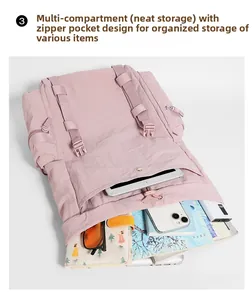 Detailed interior view of pink 25L hiking backpack with organized compartments and laptop sleeve