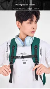 Detail of ergonomic backpack straps with adjustable chest buckle and breathable mesh back