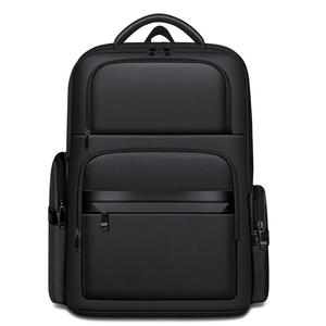 Large capacity black business commuter backpack with durable nylon and leather trim