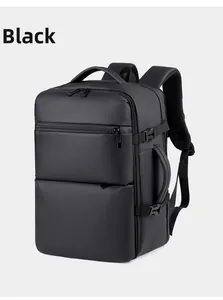 Detail view of black business backpack featuring durable nylon fabric and side handle