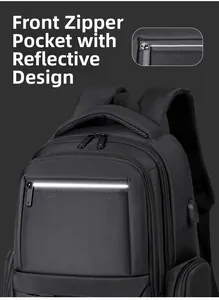Detail of black commuter backpack with reflective safety strip and high-quality front zipper