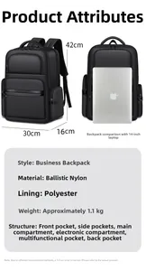 Detailed view of large business backpack showing dimensions and 14-inch laptop comparison