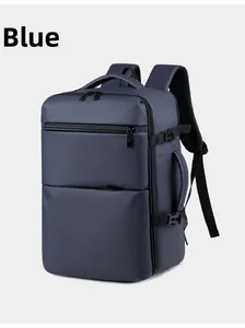 Detail view of the navy blue waterproof laptop backpack showing side buckles and mesh straps