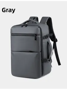 Close-up of grey waterproof business backpack with side handle and breathable straps