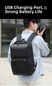 Close-up of a business laptop backpack featuring an integrated USB charging port