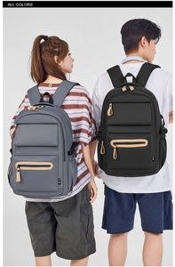 Rear view of grey and black nylon backpacks worn by models showing large capacity