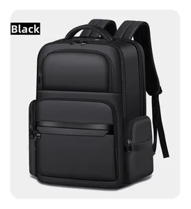 Close-up of black business travel backpack featuring multiple zipper compartments