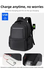 Detail of multi-functional business backpack showing external USB charging port features