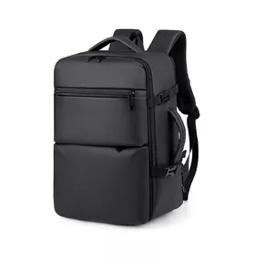Side view of multi-functional black laptop backpack with buckles and top handle