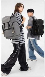 Detail of large capacity cargo backpack with buckle closure and side zipper pocket