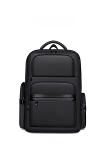 Front view of a black business backpack with multi-pocket design for travel and office use