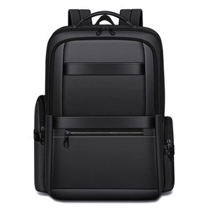 Durable black oxford fabric commuter laptop backpack with premium leather accents