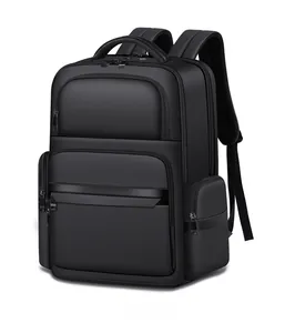 Side view of a large capacity black business backpack with leather trim for travel