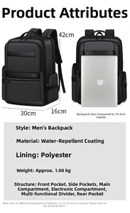 Detailed specs of waterproof black commute backpack showing 42x30x16cm size and structures