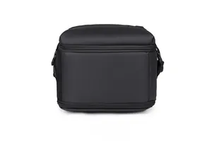 Bottom view of black nylon business backpack with spacious base and dual zippers