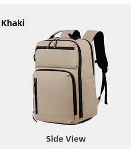 Détail du sac à dos business kaki avec doubles fermetures éclair et poches latérales