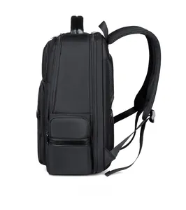 Side view of black business laptop backpack showing thick breathable mesh shoulder straps