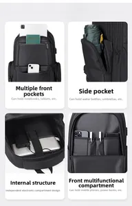 Detailed views of multi-compartment business backpack with anti-scratch fabric and laptop sleeve