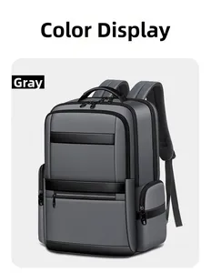 Detailed front view of grey oxford fabric business backpack with waterproof texture