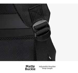 Detail of matte adjustable buckle on black travel backpack strap with woven texture