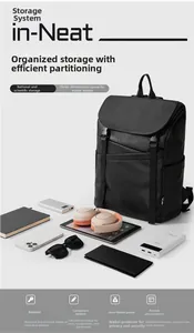 Internal compartments of the black business backpack showing organized tech storage