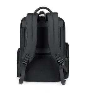 Ergonomic breathable mesh back panel and padded straps of the black business backpack