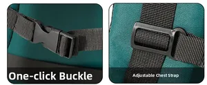 Detail of adjustable chest strap and quick-release plastic buckle on the nylon backpack