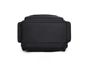 Detailed bottom view of large capacity black leather business travel backpack with fine stitching