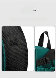 Detail of green nylon backpack showing breathable mesh straps and adjustable buckles