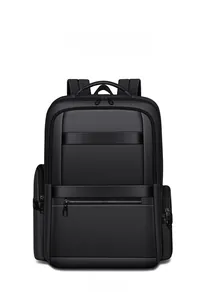 Front view of black water-resistant oxford fabric backpack with leather accents