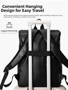 Detail of vintage business backpack with a built-in trolley strap and hidden zipper pocket