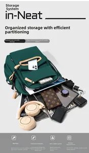 Detail of green nylon backpack showing large storage capacity for laptop and daily items