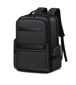 Side view of large grey business laptop backpack with durable woven oxford fabric