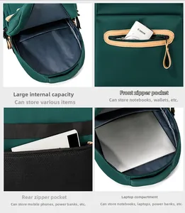 Detailed views of dark green nylon backpack showing laptop compartment and zipper pockets