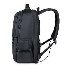 Side view of black business laptop backpack with ergonomic straps and oxford fabric