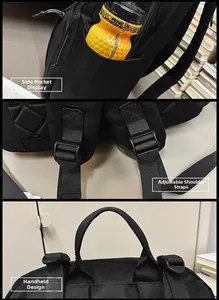Detailed view of adjustable straps, side pocket, and top handle of a black nylon backpack