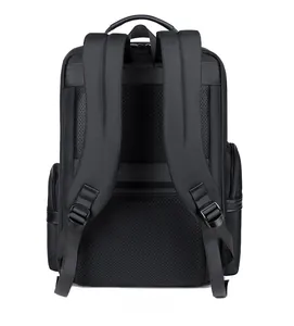 Detailed view of breathable honeycomb mesh back and S-shaped padded straps on black backpack