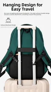 Detail of green backpack with a sturdy trolley sleeve secured onto a luggage handle