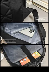 Detail of backpack showing reinforced stitching and padded laptop sleeve with velcro strap